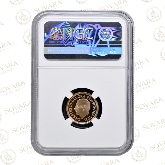 Royal Arms reverse of the 2025 Gold Proof half Sovereign PF70 Ultra Cameo in NGC holder