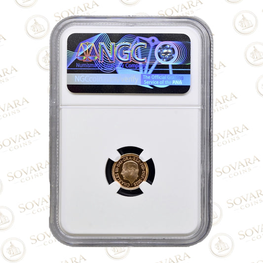 Royal Arms reverse of the 2025 Gold Proof Quarter Sovereign PF70 Ultra Cameo in NGC holder