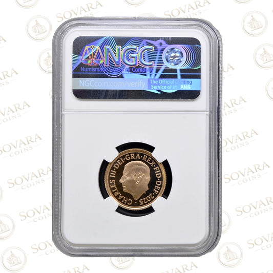 Royal Arms reverse of the 2025 Gold Proof full Sovereign PF70 Ultra Cameo in NGC holder