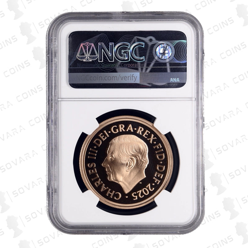 2025 Royal Arms Gold Proof Five Sovereign obverse – King Charles III portrait PF69 Ultra Cameo
