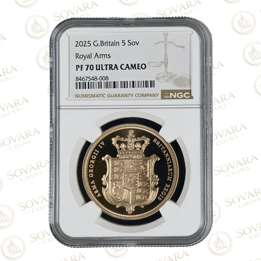 2025 Royal Arms Quintuple Sovereign reverse - Jean Baptiste Merlen Royal Arms shield design
