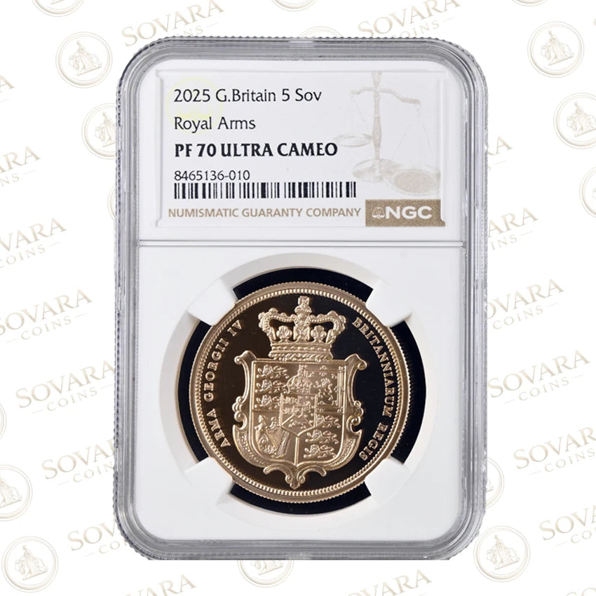 2025 Royal Arms Quintuple Sovereign reverse - Jean Baptiste Merlen Royal Arms shield design