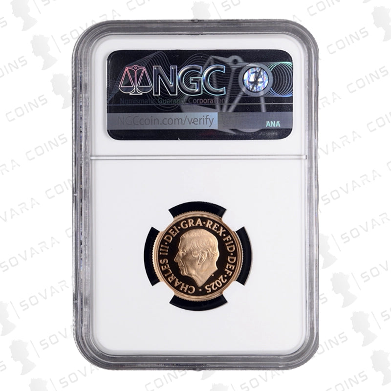 2025 Royal Arms Gold Proof Sovereign obverse – King Charles III portrait PF70 Ultra Cameo