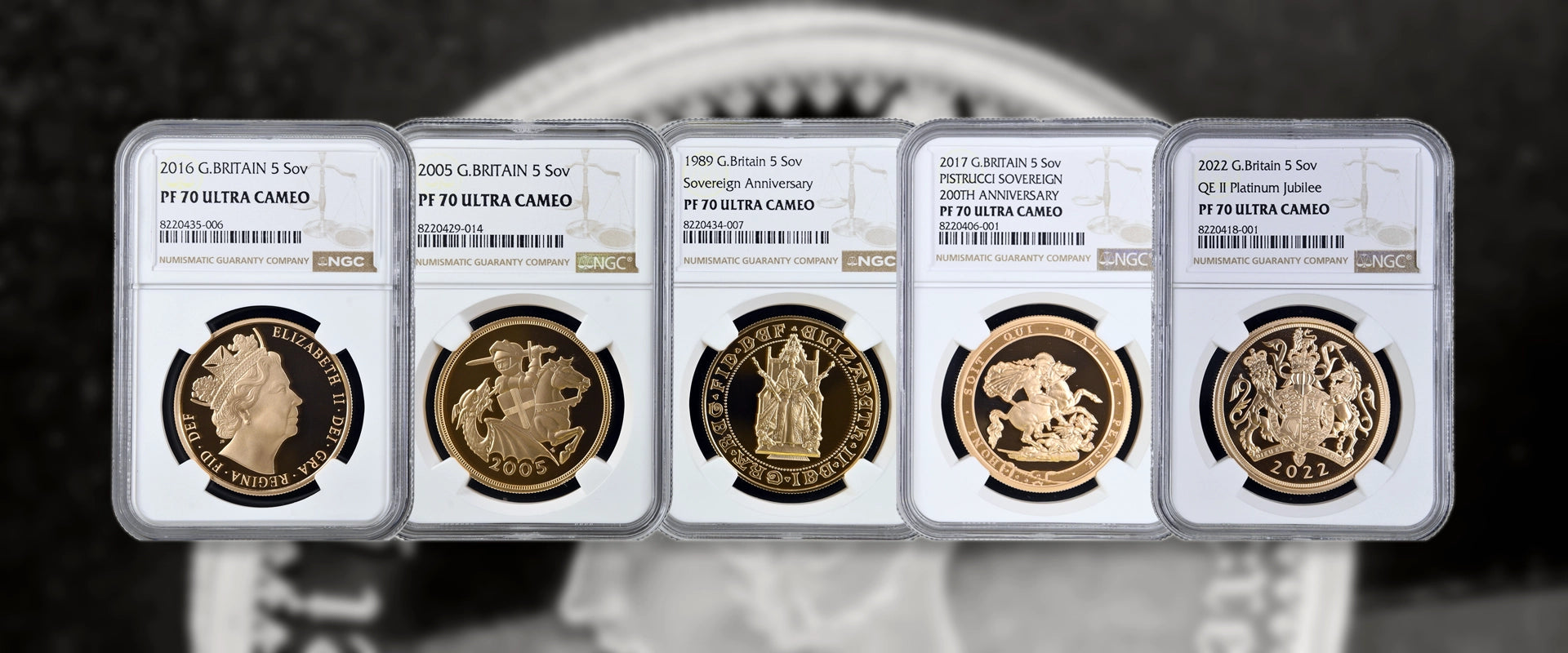 Hero image featuring graded British proof sovereigns and rare Royal Mint coins, including PF70 Ultra Cameo examples such as the 2016 Gold Proof Five Sovereign, 2005 Double Sovereign, 1989 Anniversary Sovereign, 2017 Bicentenary Sovereign, and 2022 Platinum Jubilee Five Sovereign, displayed in NGC holders.