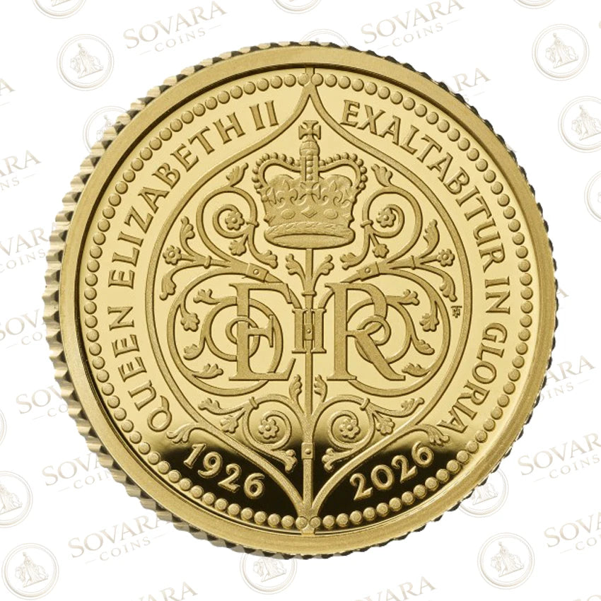 2026 Queen Elizabeth II centenary gold proof coin reverse - Timothy Noad ER ironwork design