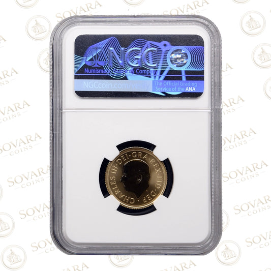 2026 Gold Reverse Proof Sovereign Reverse PF70 with frosted fields and mirrored design first release label.