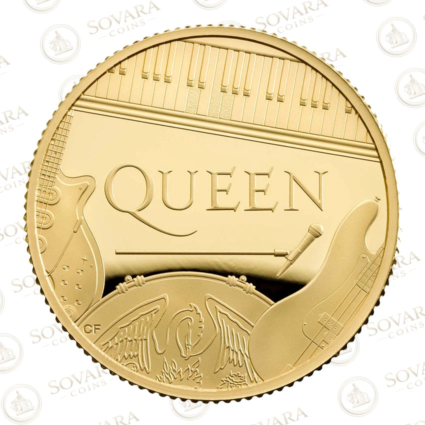 Queen 2020 gold proof coin reverse - Chris Facey band instruments design