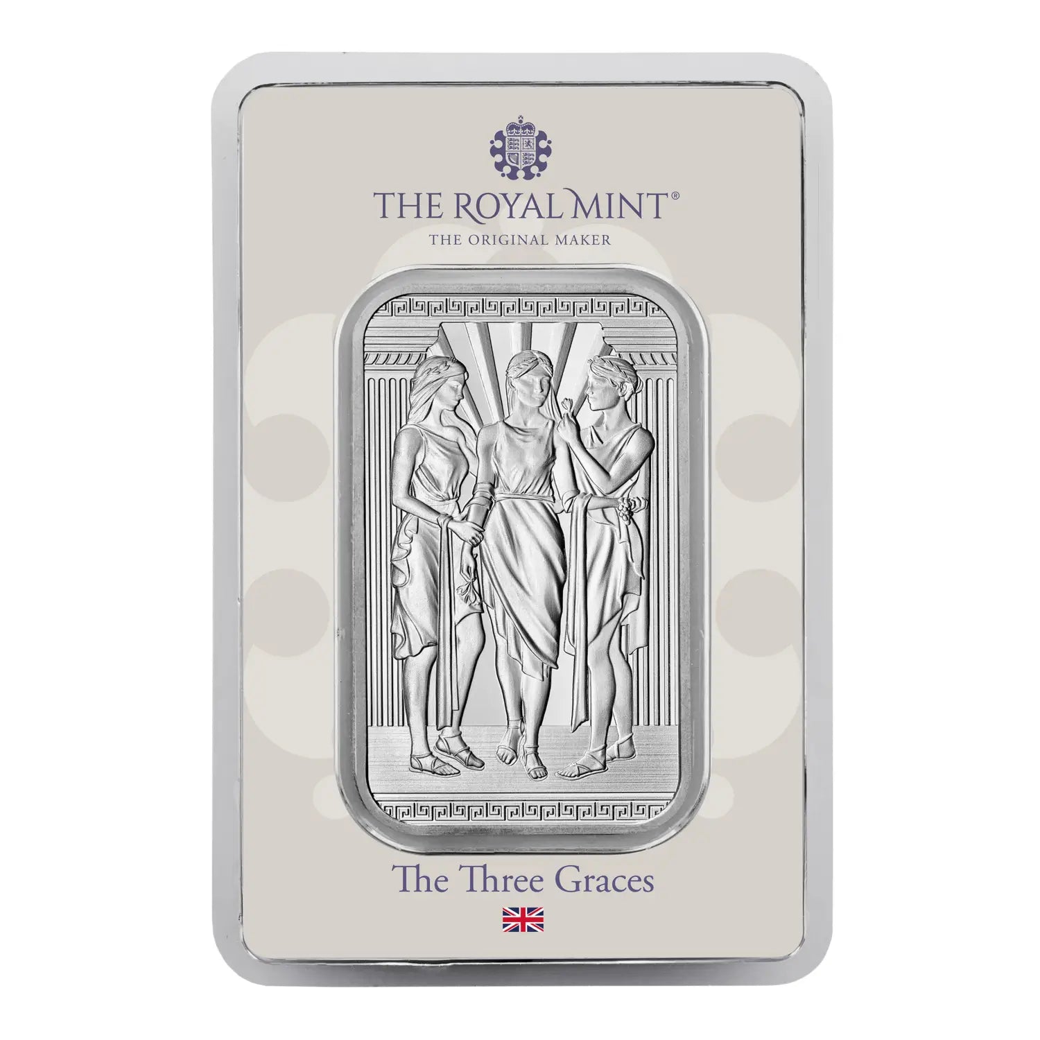 1oz Royal Mint Three Graces Silver Bar, inspired by the historic Three Graces coin design.