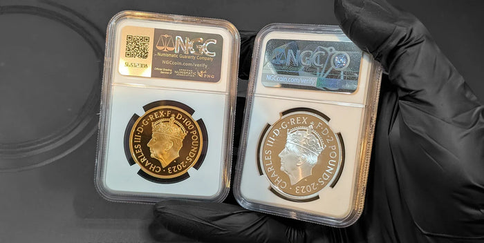 King Charles III's crowned coronation portrait, wearing the Tudor Crown — the first crowned monarch effigy on a British coin in over 350 years, featured on the 2023 Coronation gold and silver proof range.