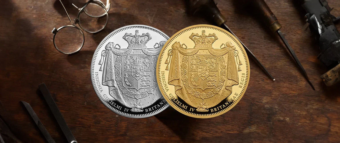 The Royal Mint Great Engravers series coins including Una and the Lion, Three Graces, Gothic Crown and 2026 William IV Merlen Shield gold and silver proofs