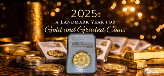 Graded gold proof coins including a proof sovereign in NGC holder with gold bars, representing the rise of gold prices and graded coins in 2025