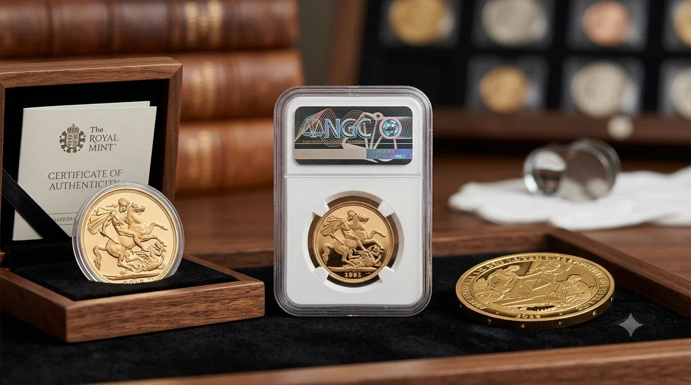 Collectible proof gold sovereign with original packaging and a professionally graded NGC slab, highlighting numismatic collector value over raw gold weight.