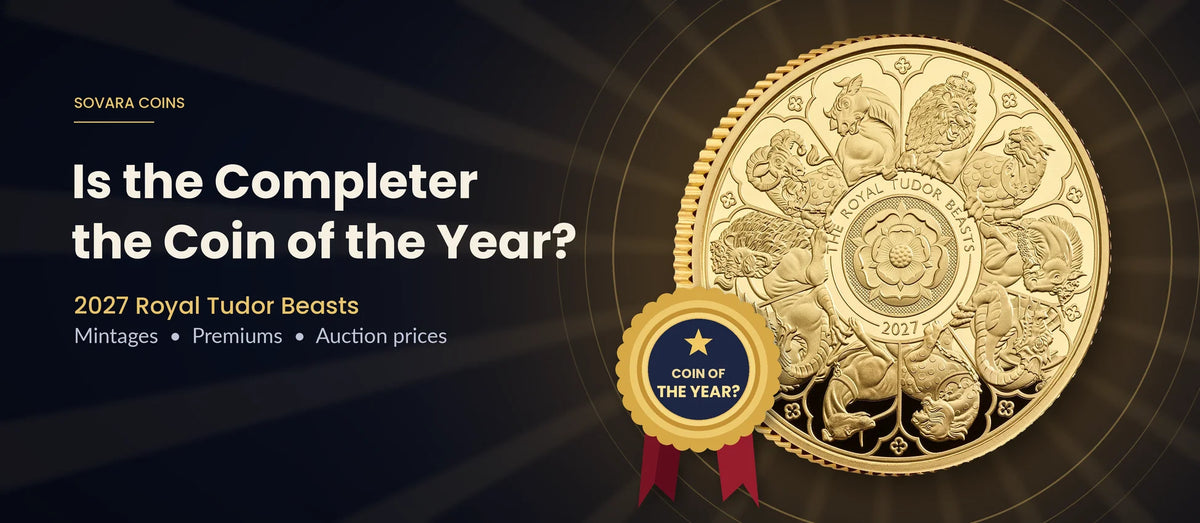 Is the Completer the Coin of the Year? 2027 Royal Tudor Beasts gold proof coin with all ten beasts around a Tudor rose, shown with a gold Coin of the Year award rosette.