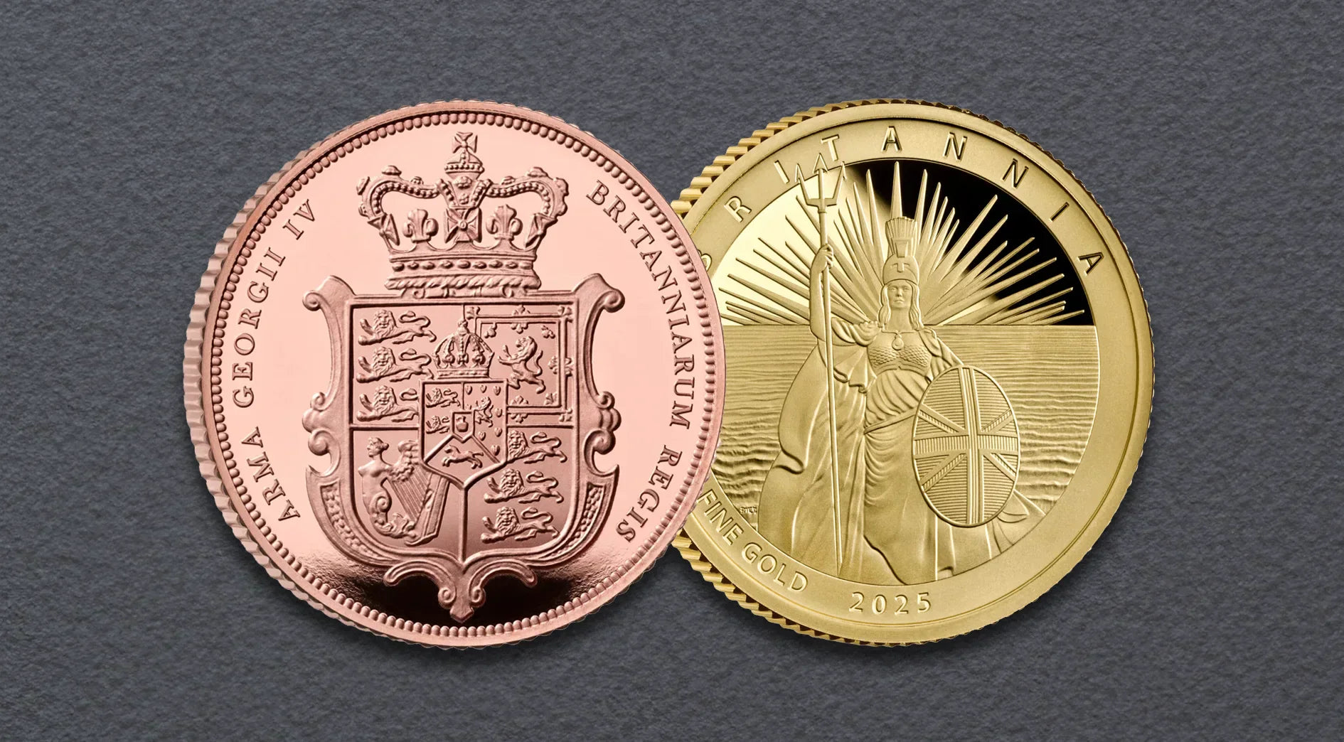 Gold proof sovereign and gold Britannia coin side by side on a dark navy surface — comparing the two most popular CGT-exempt British gold coins