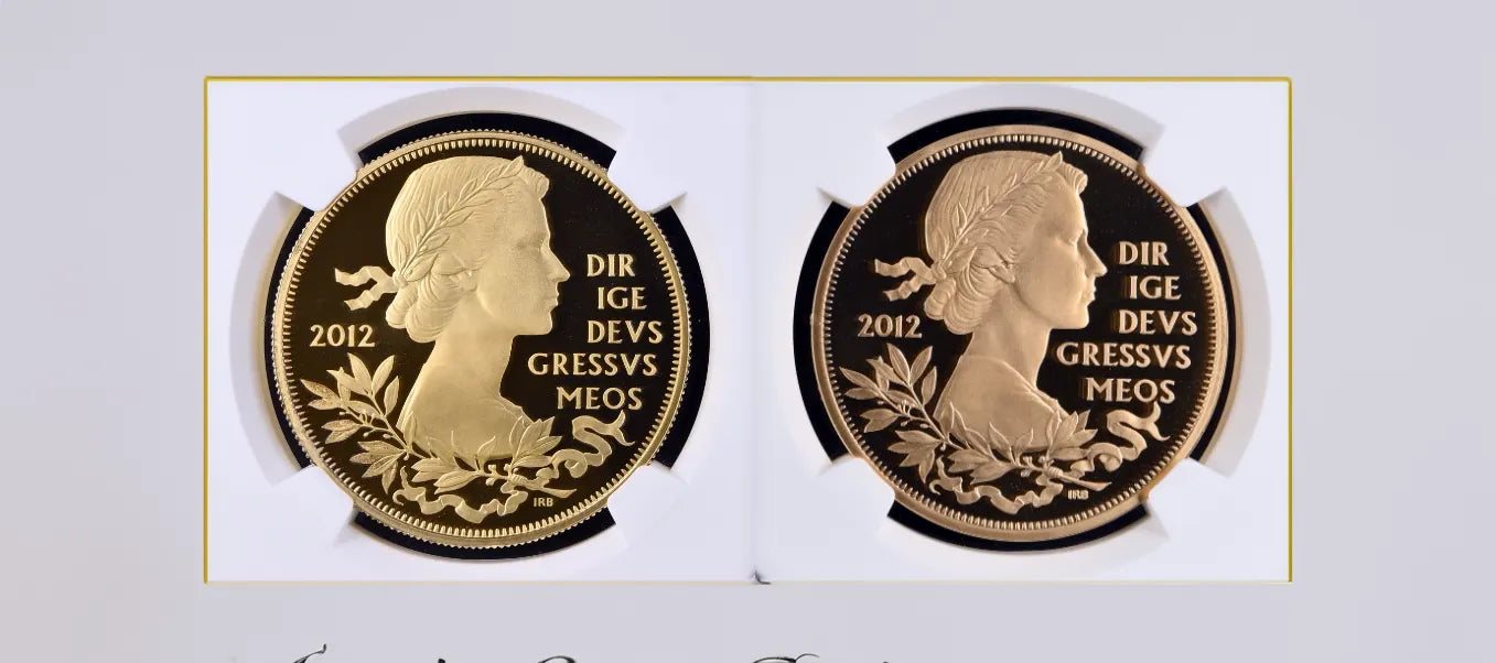 Side-by-side comparison of 2012 Diamond Jubilee £5: official silver-gilt vs solid gold proof.