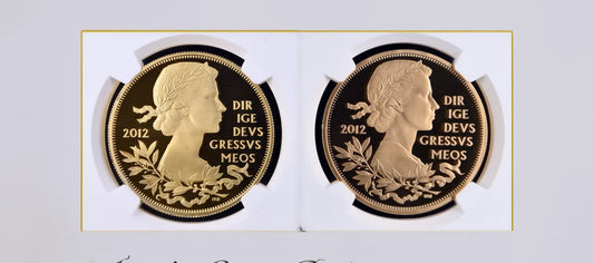 Side-by-side comparison of 2012 Diamond Jubilee £5: official silver-gilt vs solid gold proof.