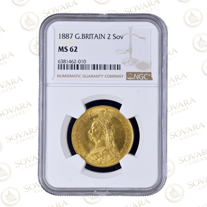 1887 Queen Victoria gold double sovereign £2 coin graded MS62 with Jubilee Head obverse