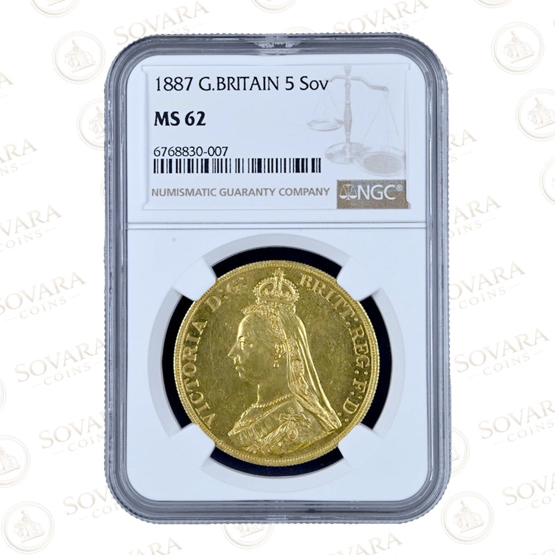 1887 Queen Victoria gold five sovereign £5 coin graded MS62 with Jubilee Head obverse