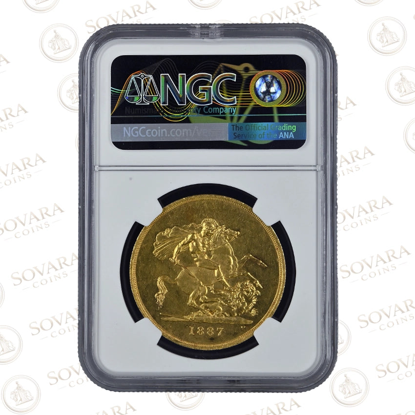 1887 Queen Victoria gold five sovereign £5 coin graded MS62 by NGC.