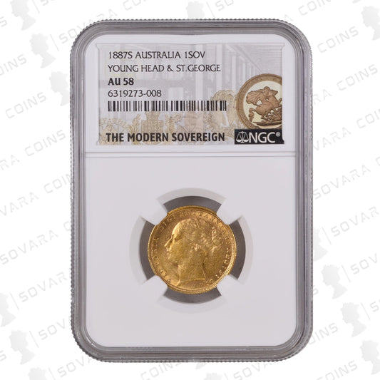 1887S Queen Victoria Young Head Sovereign NGC AU58 obverse and reverse