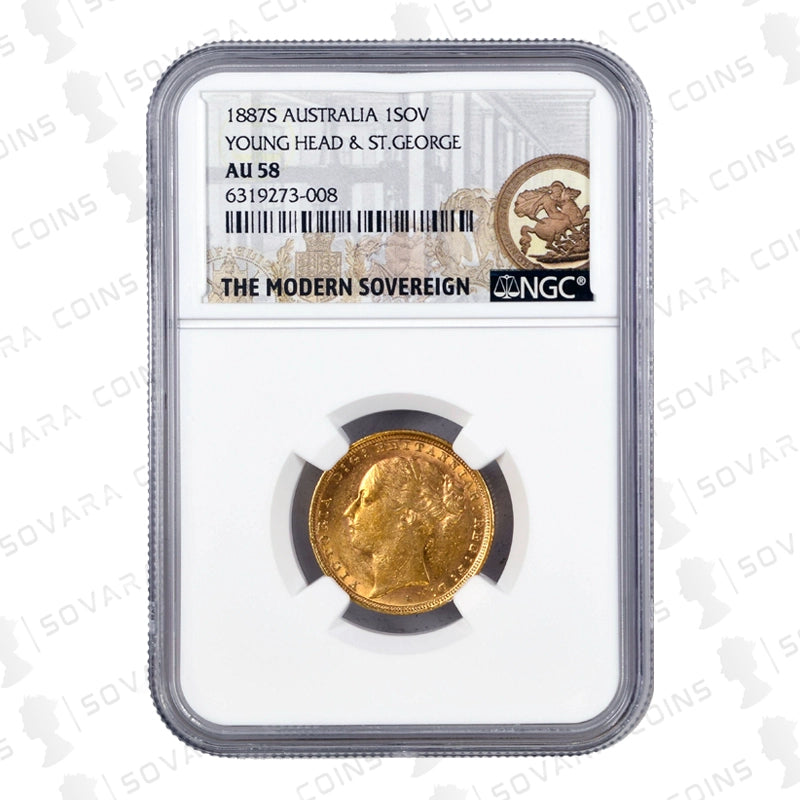 1887S Queen Victoria Young Head Sovereign NGC AU58 obverse and reverse