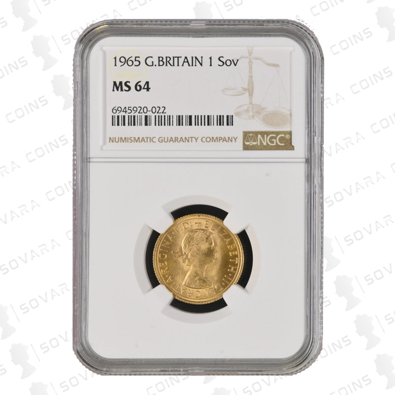 1965 Gold Sovereign NGC MS64 with Elizabeth II Gillick portrait – obverse and reverse views