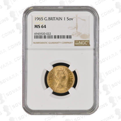 1965 Gold Sovereign NGC MS64 with Elizabeth II Gillick portrait – obverse and reverse views