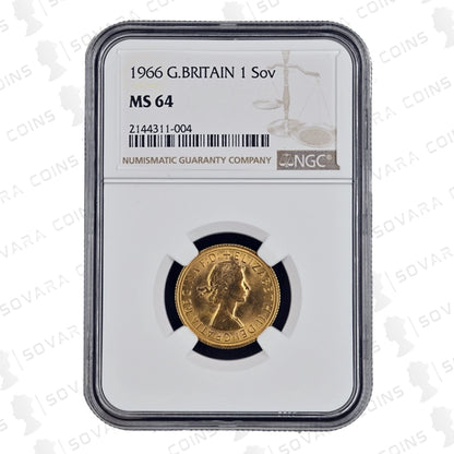 1966 Gold Sovereign obverse – Queen Elizabeth II Gillick portrait NGC MS64