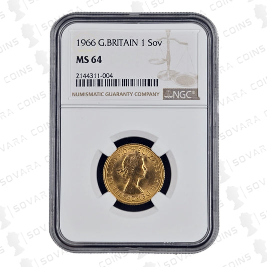 1966 Gold Sovereign obverse – Queen Elizabeth II Gillick portrait NGC MS64
