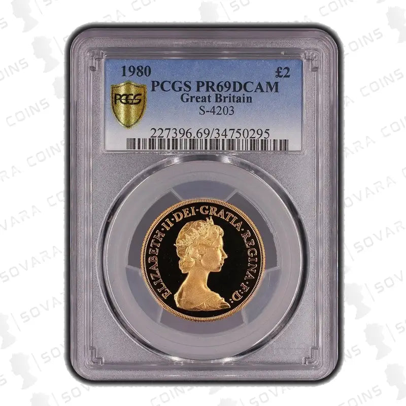 1980 Gold Proof Double Sovereign £2 Coin - PCGS PR69 DCAM, featuring the Queen Elizabeth II portrait and classic St. George and the Dragon reverse design.