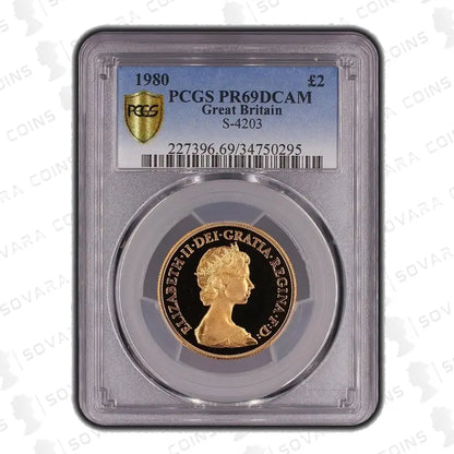 1980 Gold Proof Double Sovereign £2 Coin - PCGS PR69 DCAM, featuring the Queen Elizabeth II portrait and classic St. George and the Dragon reverse design.