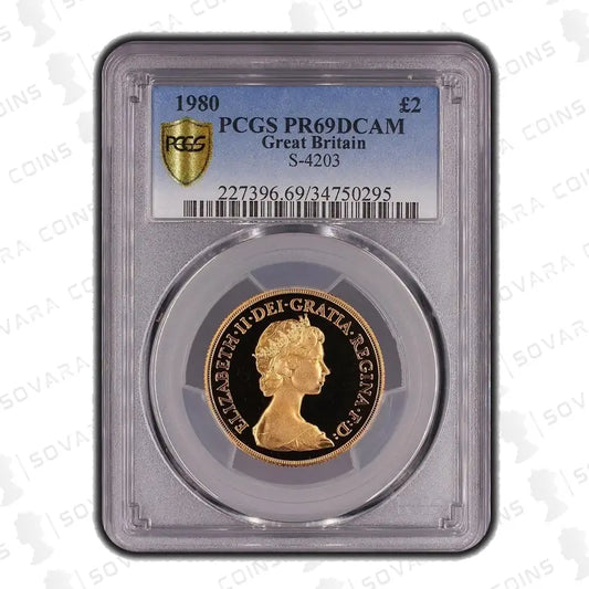 1980 Gold Proof Double Sovereign £2 Coin - PCGS PR69 DCAM, featuring the Queen Elizabeth II portrait and classic St. George and the Dragon reverse design.