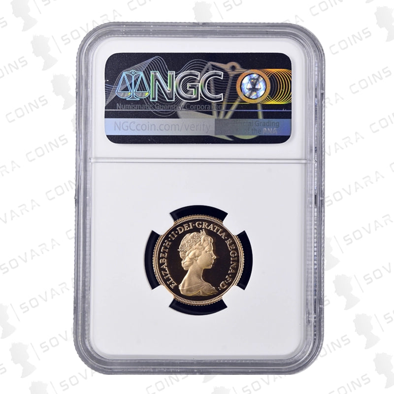 1980 Gold Proof Sovereign obverse – Queen Elizabeth II Arnold Machin portrait PF70 Ultra Cameo