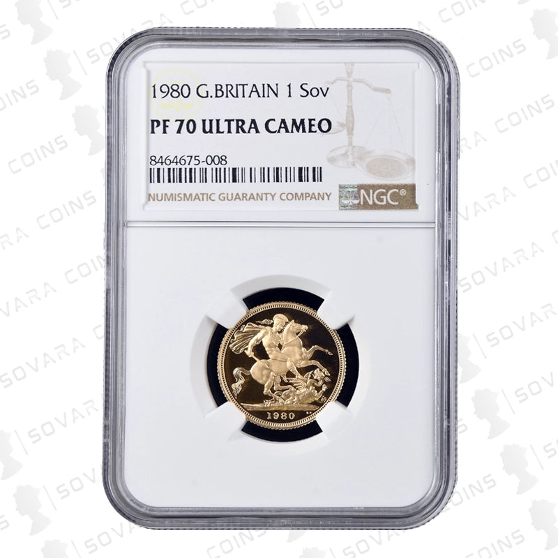 1980 Gold Proof Sovereign reverse – St George and the Dragon design PF70 UC