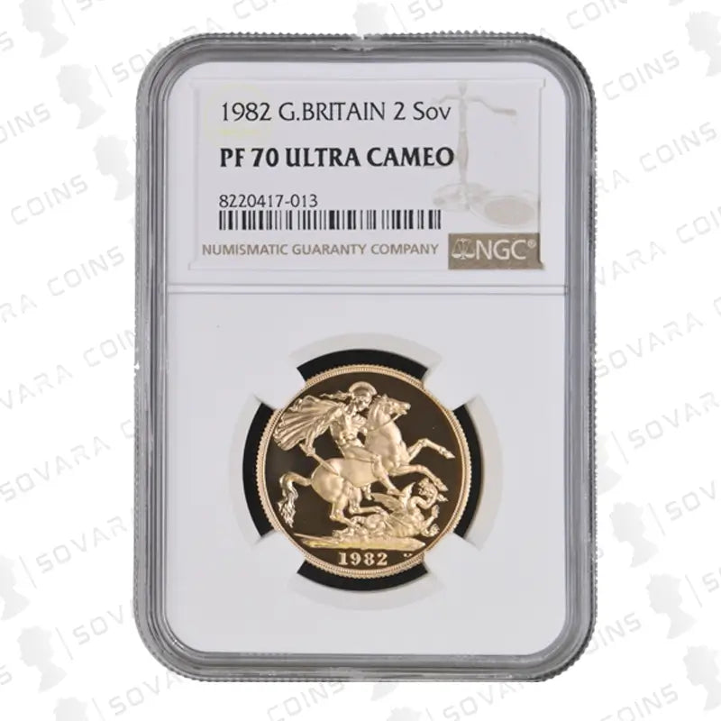 1982 Gold Proof Double Sovereign £2 NGC PF70 Ultra Cameo – 22ct gold proof coin featuring Queen Elizabeth II and St. George slaying the dragon.