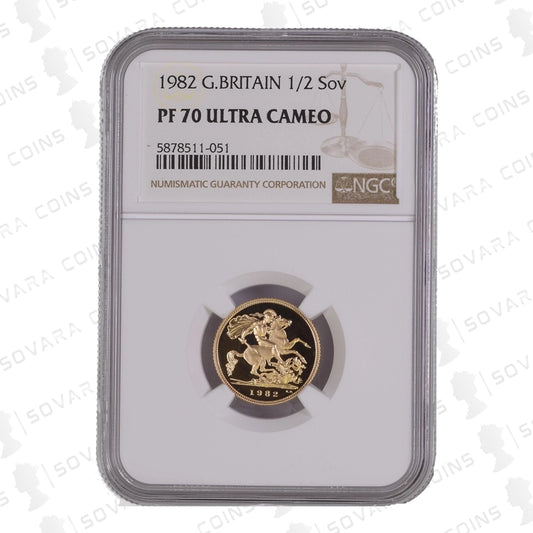 1982 Gold Proof Half Sovereign in NGC PF70 Ultra Cameo holder – obverse and reverse shown