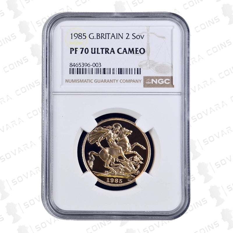 1985 Gold Proof Double Sovereign reverse – St George and the Dragon design PF70 Ultra Cameo