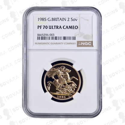 1985 Gold Proof Double Sovereign reverse – St George and the Dragon design PF70 Ultra Cameo