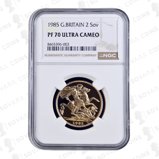 1985 Gold Proof Double Sovereign reverse – St George and the Dragon design PF70 Ultra Cameo