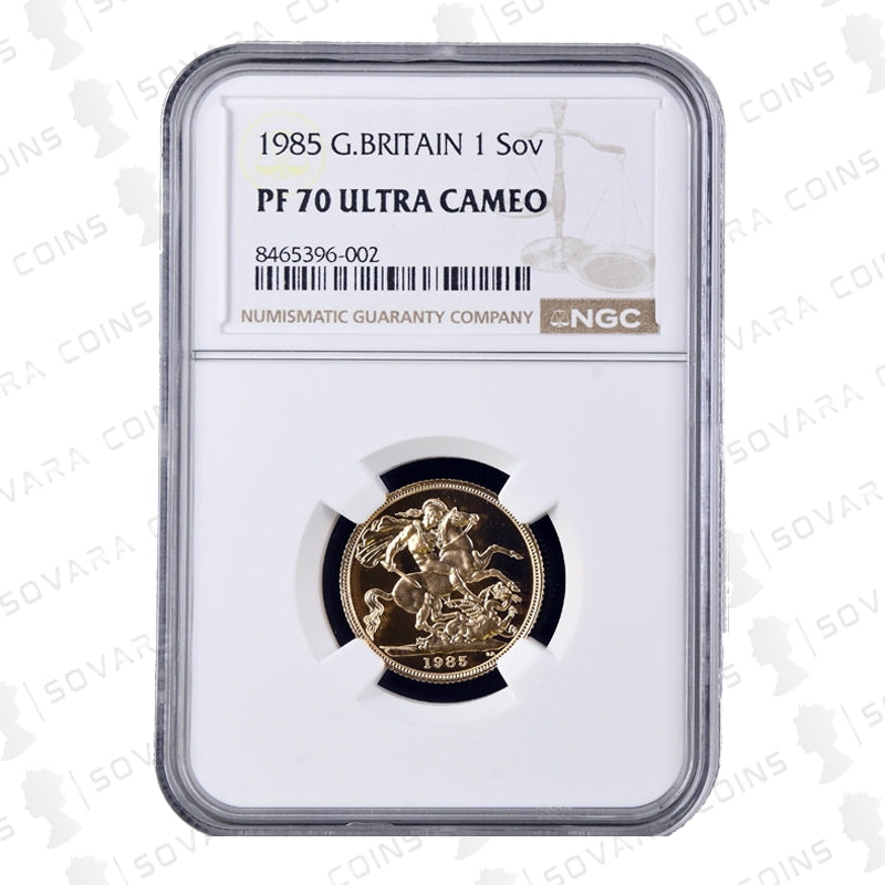 1985 Gold Proof Sovereign reverse – St George and the Dragon design PF70 Ultra Cameo