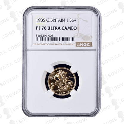 1985 Gold Proof Sovereign reverse – St George and the Dragon design PF70 Ultra Cameo
