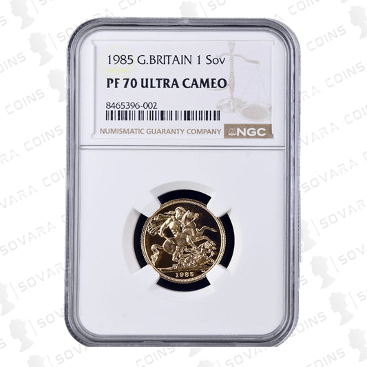 1985 Gold Proof Sovereign reverse – St George and the Dragon design PF70 Ultra Cameo
