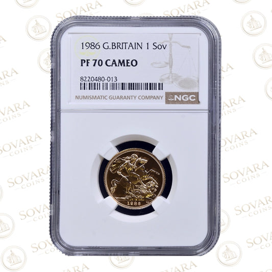 1986 Gold Proof Sovereign PF70 Cameo NGC graded 22 carat gold British sovereign