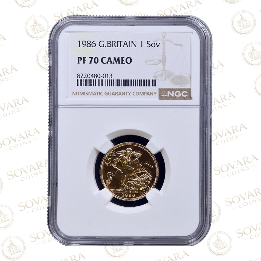 1986 Gold Proof Sovereign PF70 Cameo NGC graded 22 carat gold British sovereign