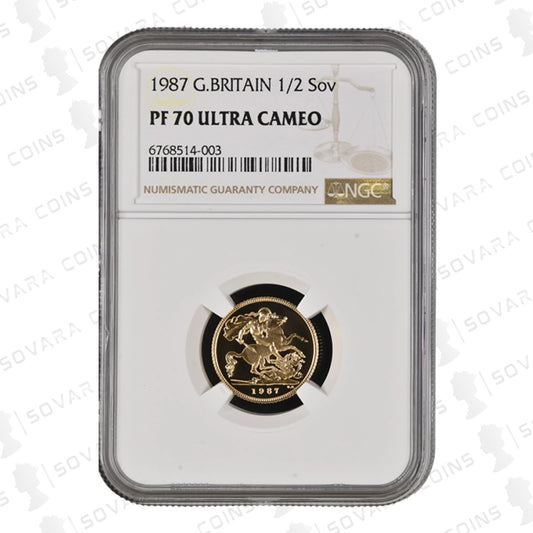 1987 Gold Proof Half Sovereign graded NGC PF70 Ultra Cameo with St George and the Dragon design
