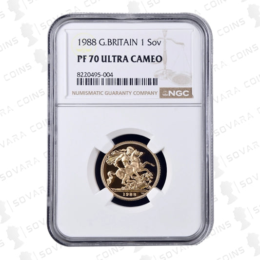 1988 Gold Proof Sovereign reverse – St George and the Dragon design PF70 Ultra Cameo