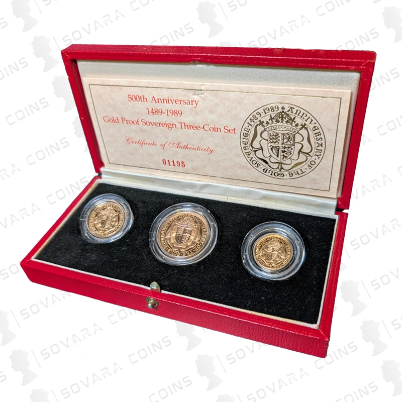 1989 Gold Proof 3-Coin Sovereign Set with unique crowned shield design by Bernard Sindall