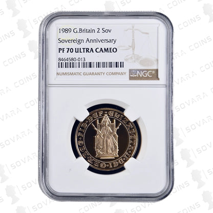 1989 Gold Proof Double Sovereign obverse – crowned Queen Elizabeth II portrait PF70 UC