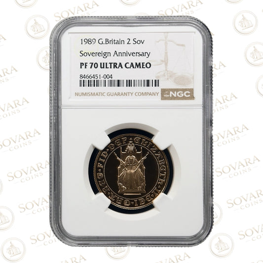 1989 Gold Proof Double Sovereign obverse – crowned Queen Elizabeth II portrait PF70 UC