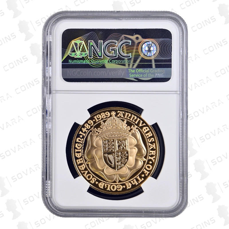 1989 Gold Proof Five Sovereign reverse – Tudor Rose and Royal Arms design PF69 UC